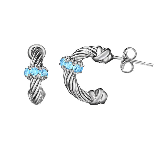 Sterling Silver Half Moon Earring with Push Back Lobster Clasp and Round Blue Topaz