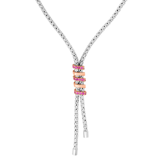 Sterling Silver Double Strand Woven Necklace with Round Pink Sapphires