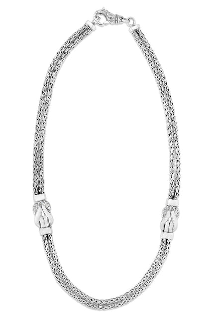 Sterling Silver Double Strand Woven Necklace with Round White Sapphire