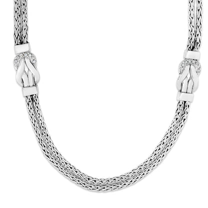 Sterling Silver Double Strand Woven Necklace with Round White Sapphire