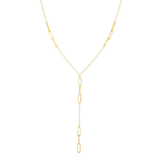 14K Gold Paperclip Lariat Necklace with Spring Ring Clasp