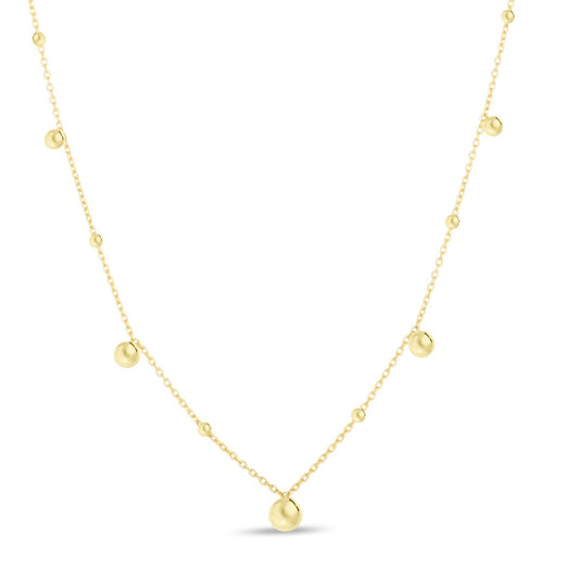 14K Gold Polished Necklace with Bead Stations and Lobster Clasp