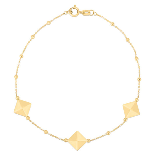 14K Gold Pyramid Station Bracelet with Lobster Clasp.