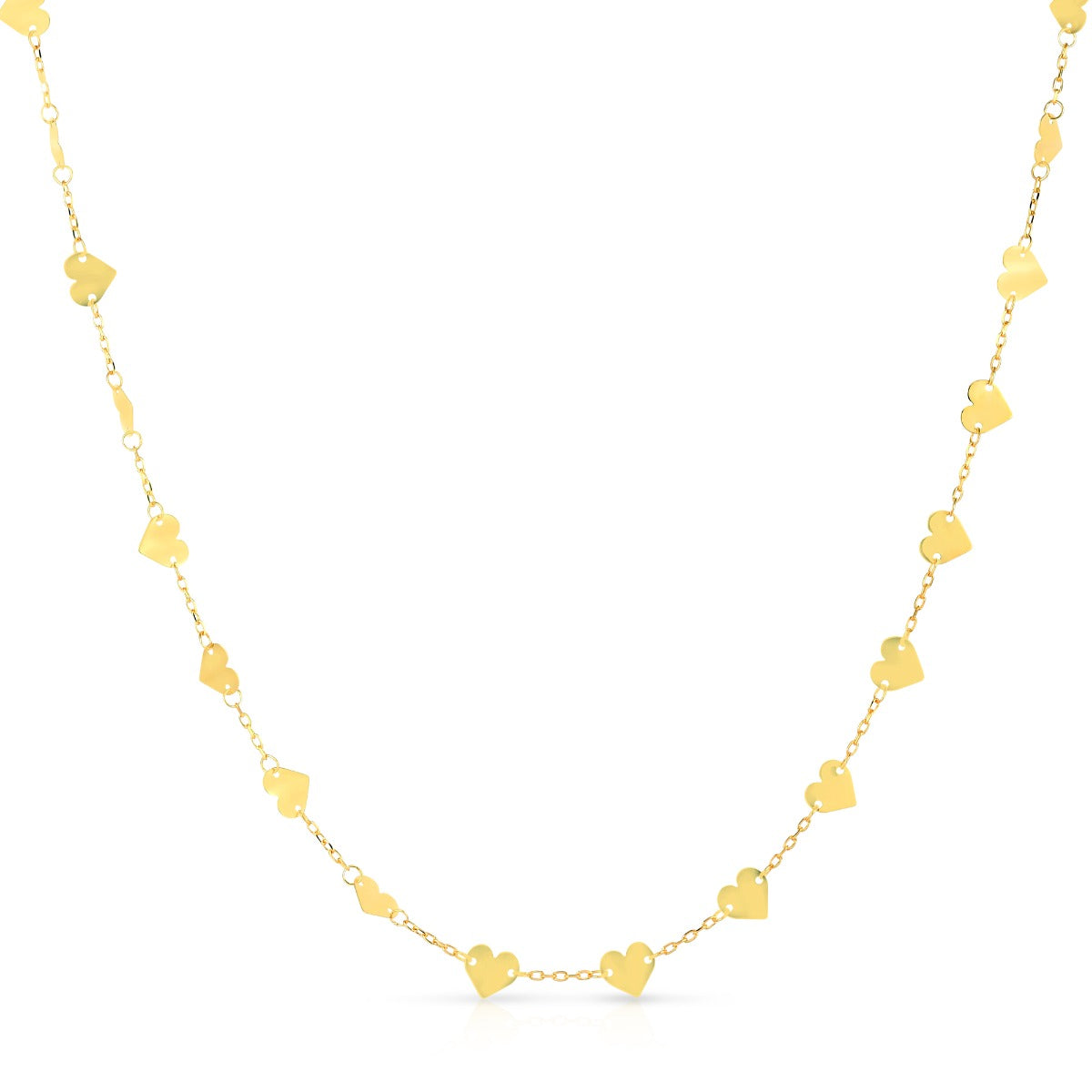 14K Gold Mirrored Chain Heart Station Necklace with Lobster Clasp