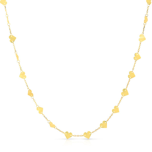14K Gold Mirrored Chain Heart Station Necklace with Lobster Clasp