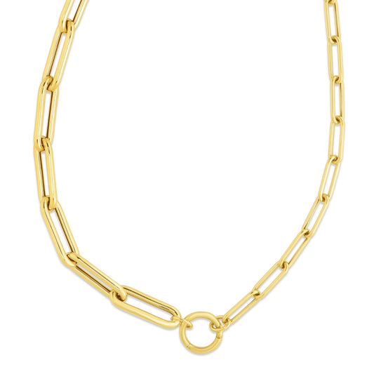 14K Gold Split Elongated Paperclip Link Necklace with Circle Element and Lobster Clasp