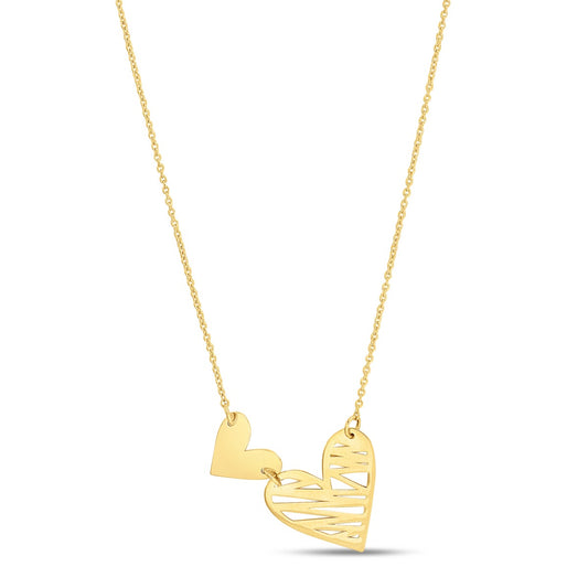 14K Gold Polished Solid & Scribble Hearts Necklace with Lobster Clasp