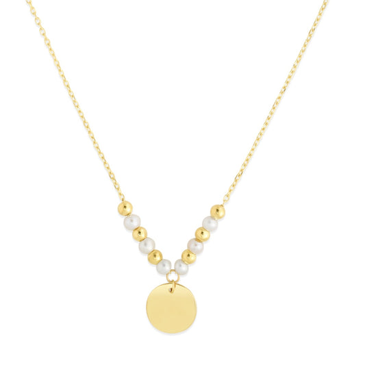 14K Gold & Pearl Bead Disc Drop Necklace with Spring RIng Clasp