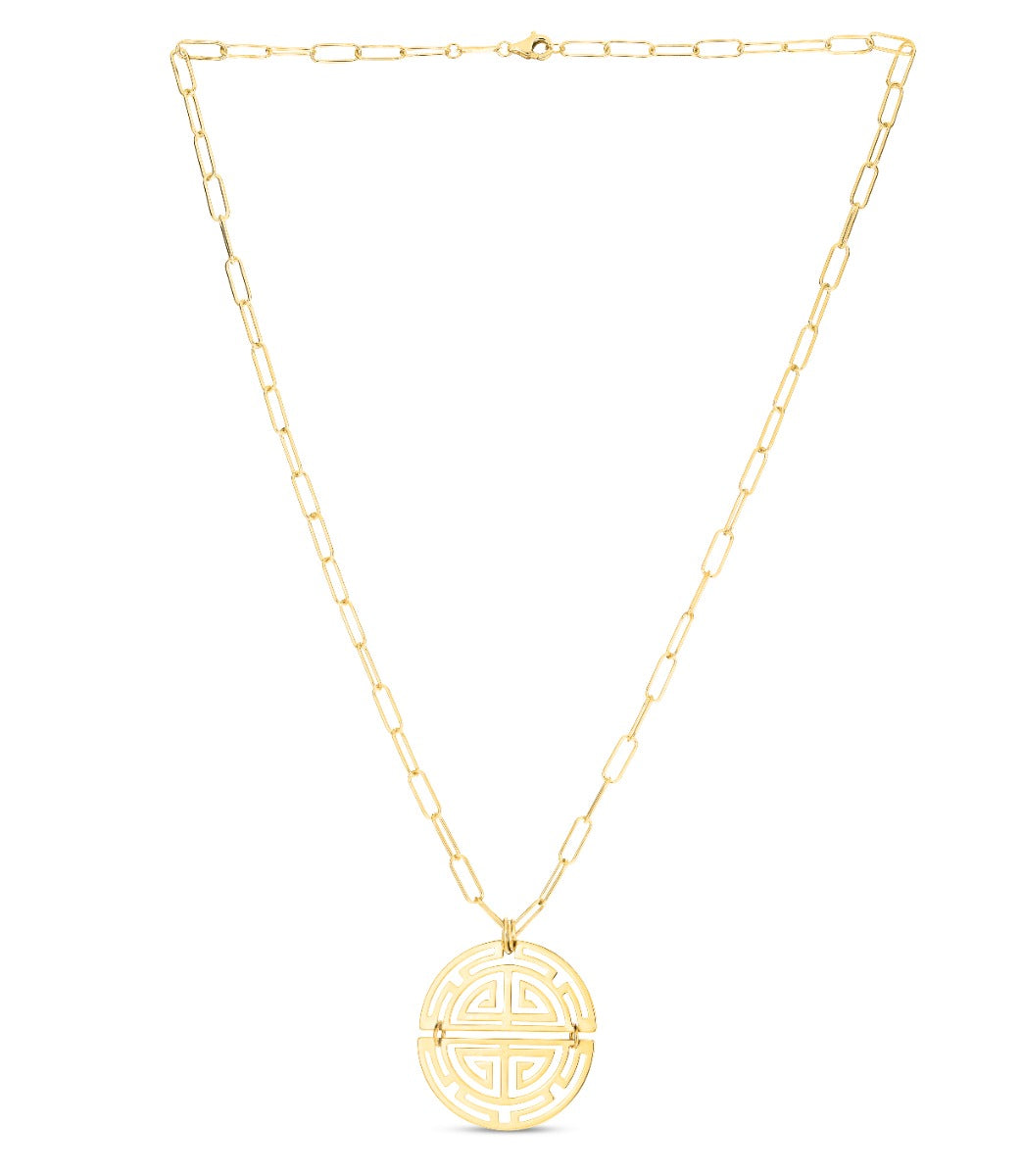 14K Gold Polished Greek Key Disc Necklace with Lobster Clasp