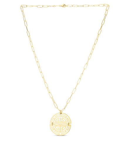 14K Gold Polished Greek Key Disc Necklace with Lobster Clasp