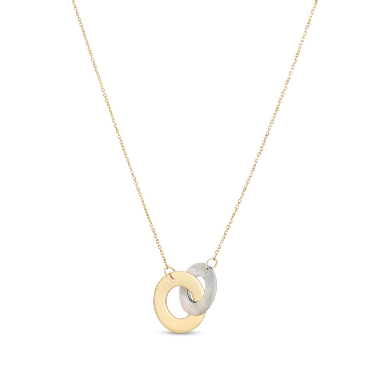 14K Gold Polished Linked Circles Necklace with Spring Ring Clasp with Round White Mother of Pearl