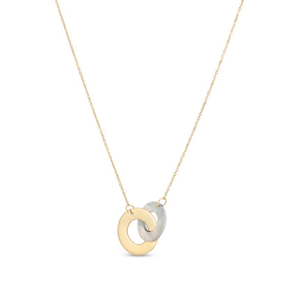 14K Gold Polished Linked Circles Necklace with Spring Ring Clasp with Round White Mother of Pearl