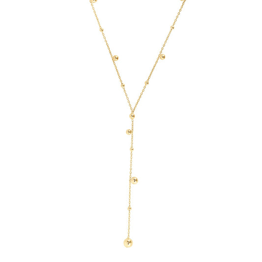 14K Gold Polished Bead Lariat Necklace with Lobster Clasp