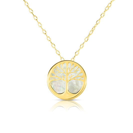 14K Gold Tree of Life Charm Pendant with Mother of Pearl Necklace