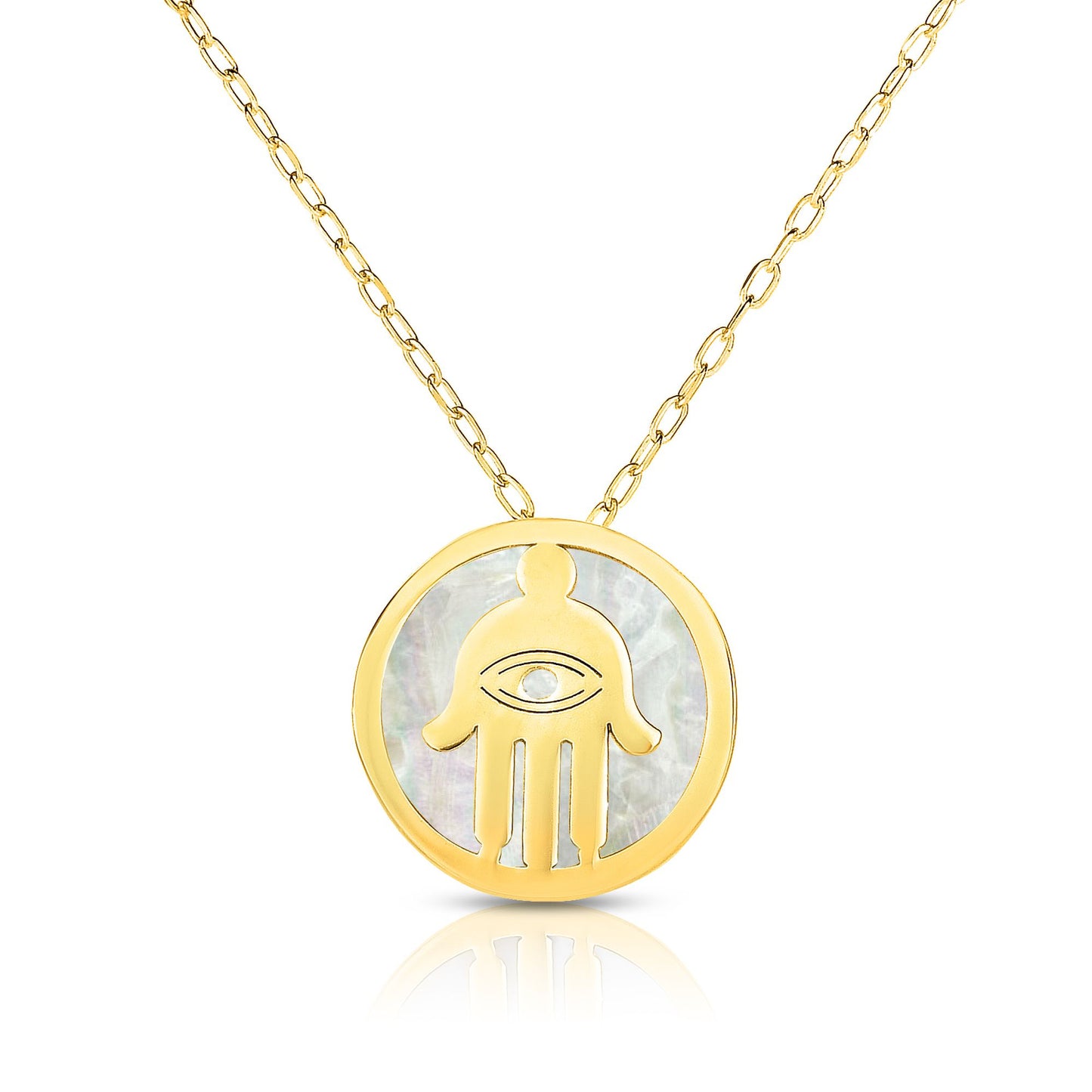 14K Gold Hamsa Charm Pendant with Mother of Pearl Necklace