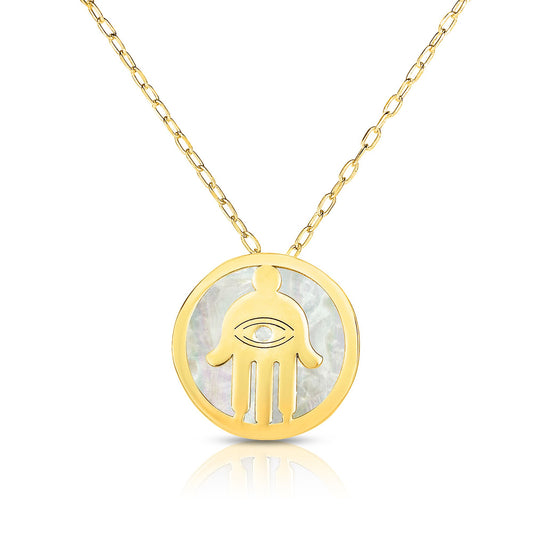 14K Gold Hamsa Charm Pendant with Mother of Pearl Necklace