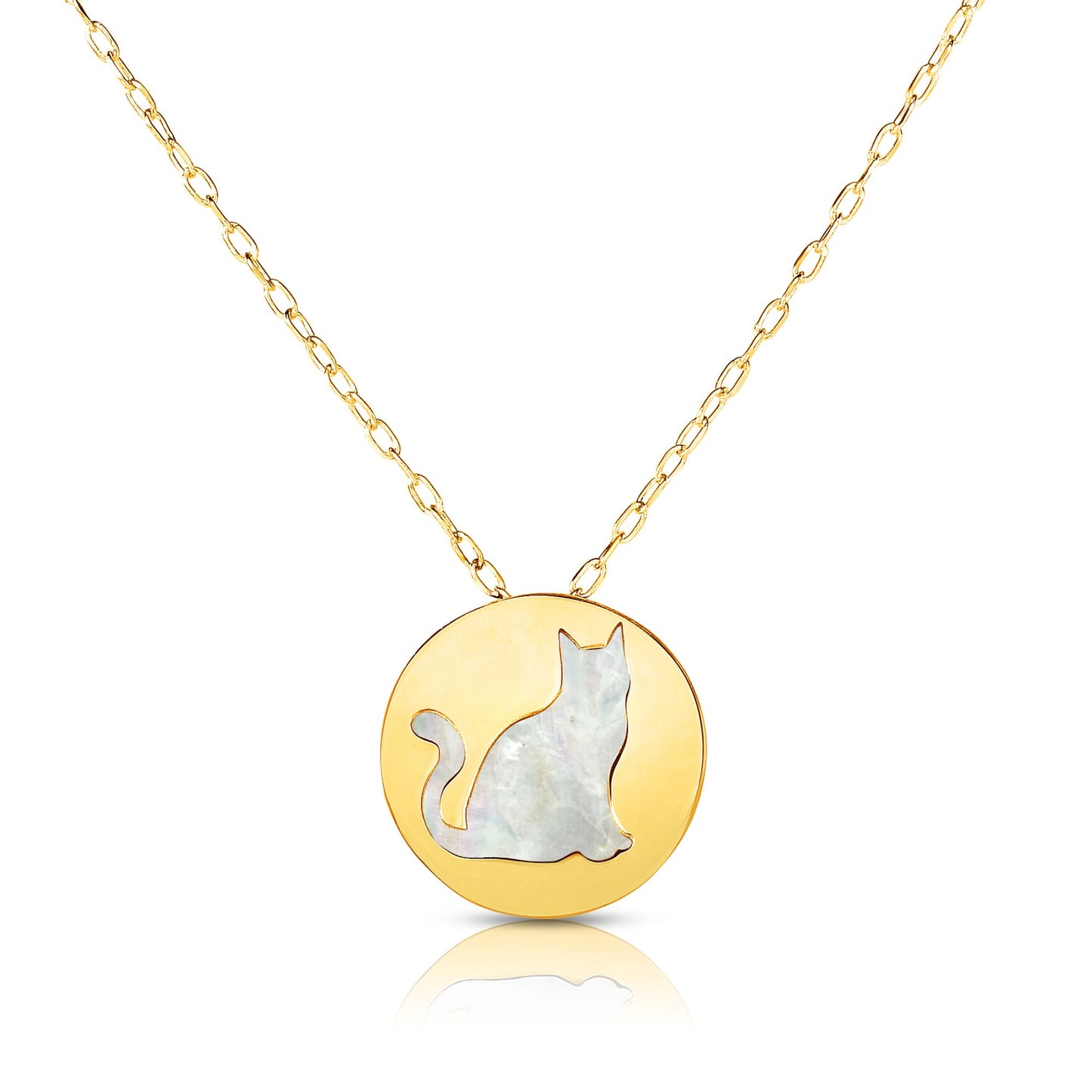 14K Gold Cat Charm Pendant with Mother of Pearl Necklace