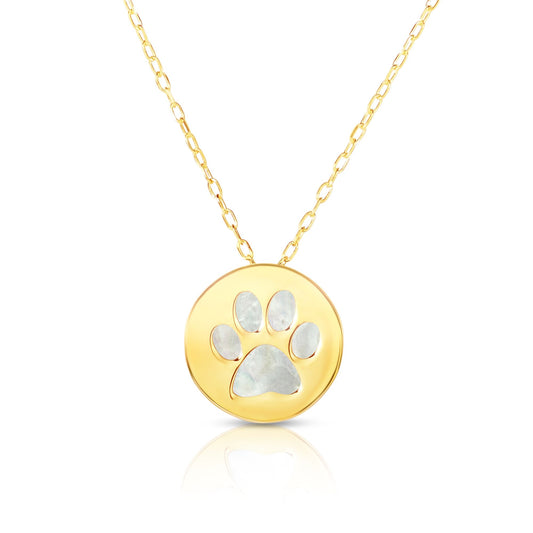 14K Gold and Mother of Pearl Paw Print Disc Charm Pendant Necklace