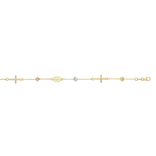 14K Tri-color Gold Polished Cubes & Cross Bracelet