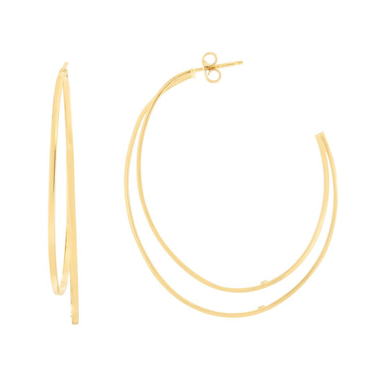 14K Gold Double Row Polished C Hoops with Push Back Closure