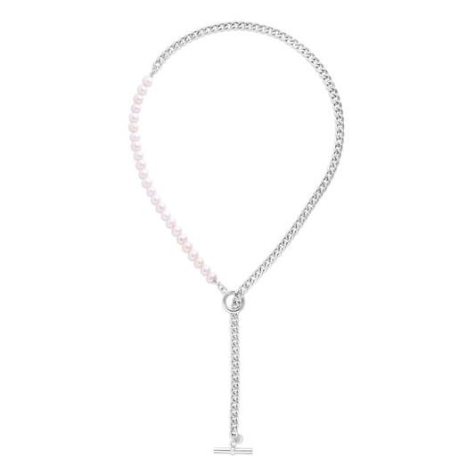 Sterling Silver Polished Pearl Paperclip toggle Necklace with Lobster Clasp