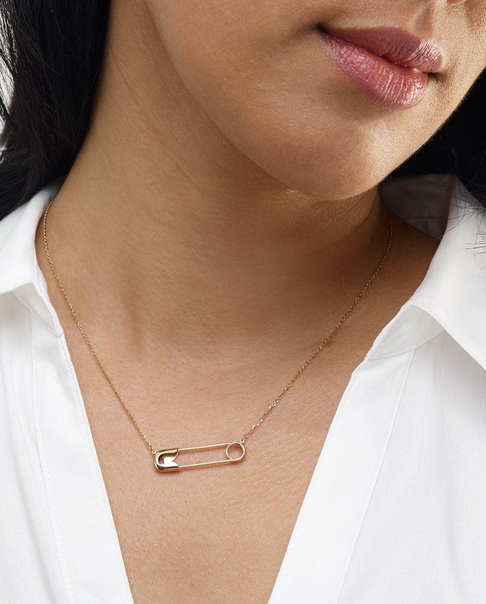 14K Gold Safety Pin Charm Necklace