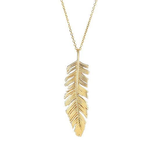 14K Gold Feather Charm Pendant Necklace