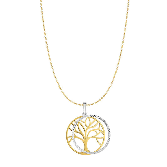 Two Tone 14K Gold & Gold Double Disc Tree of Life Pendant Charm Necklace