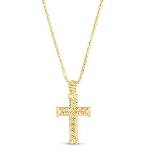 14K Gold Polished Cross Pendant on Gold Lite Round Box Chain