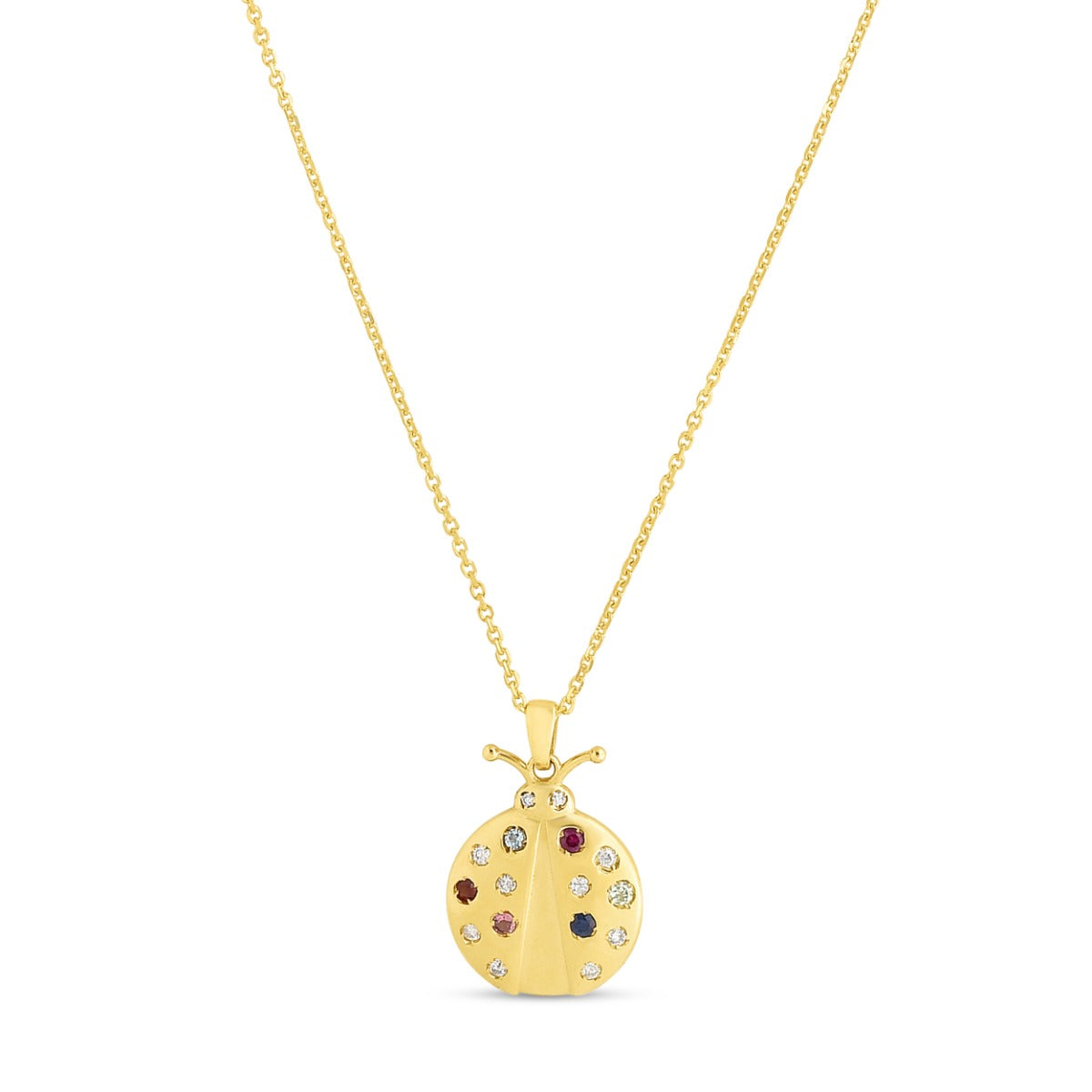 Gemstone Inlay 14K Gold Yellow Polished Lady Bug Pendant Chain Necklace with Lobster Clasp