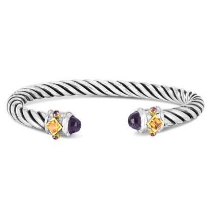 18K Gold & Sterling Silver Italian Cable Renaissance Bangle with Gemstone Options