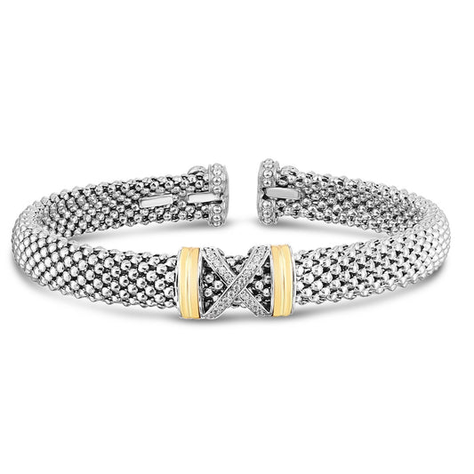 Silver & 18K Gold 0.10ct Diamond X Popcorn Bangle