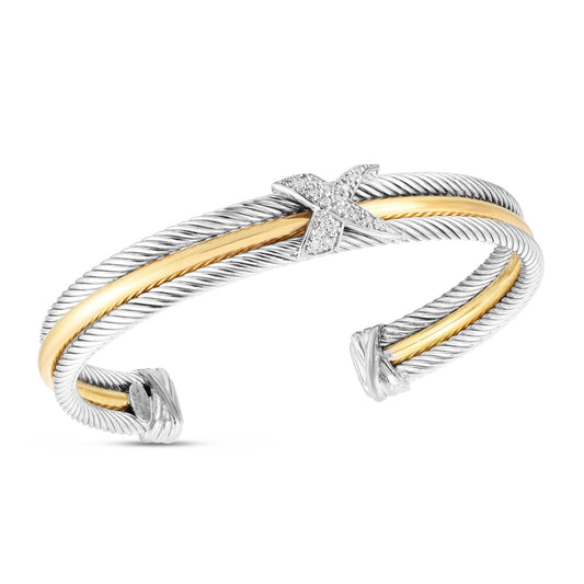 18K Gold & Sterling Silver Italian Cable Triple Row X with Diamond Cuff Bangle