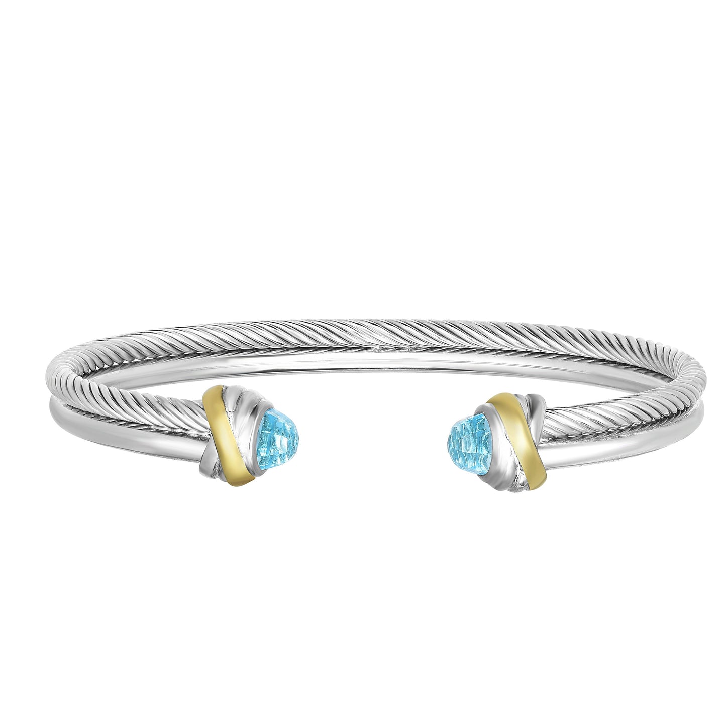 18K Gold & Sterling Silver Textured Double Strand Italian Cable Cuff Bangle with White Diamond