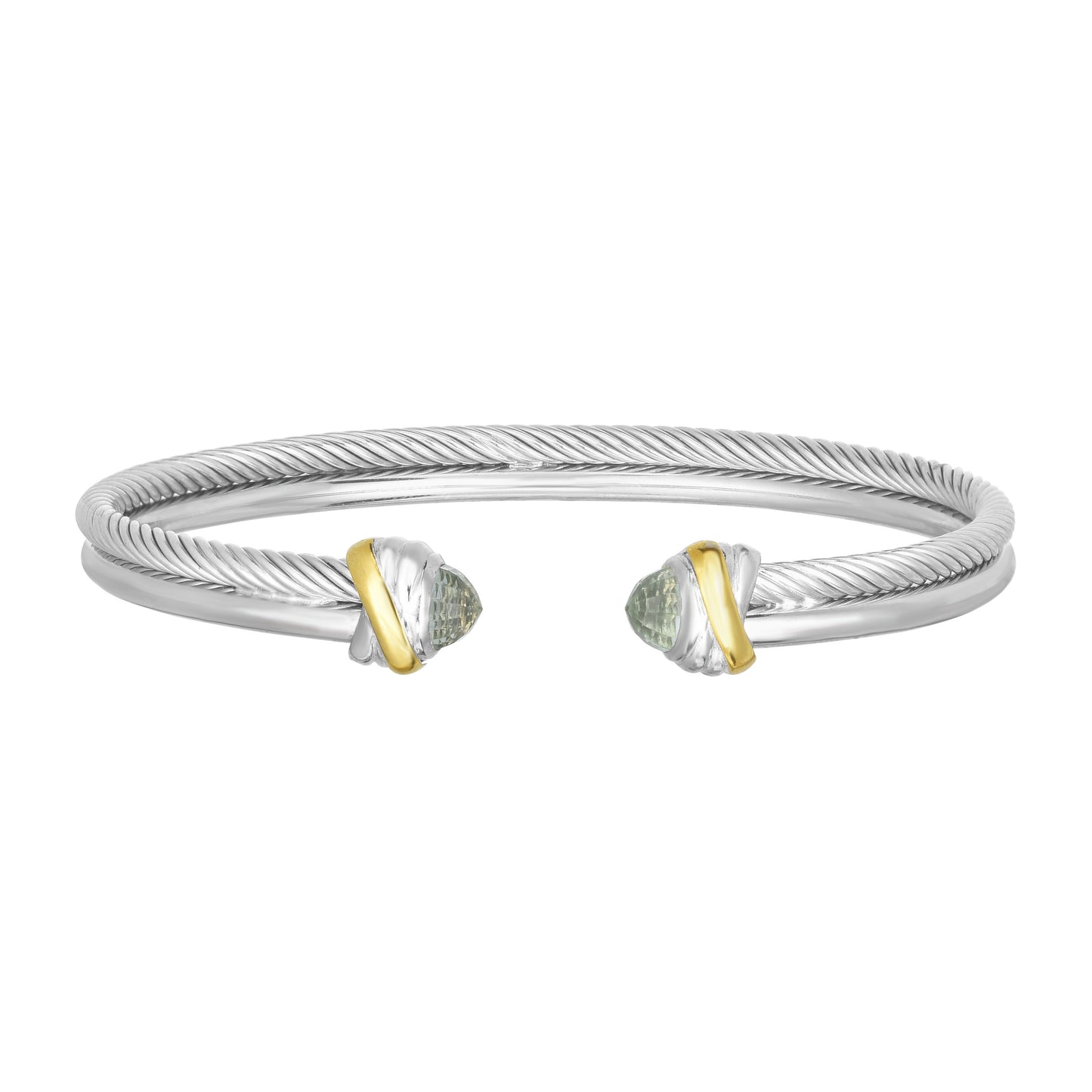 18K Gold & Sterling Silver Textured Double Strand Italian Cable Cuff Bangle with White Diamond