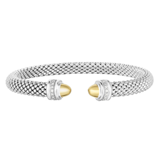 18K Gold Silver Yellow Polished Cuff Popcorn Bangle with 0.07ct White Diamond