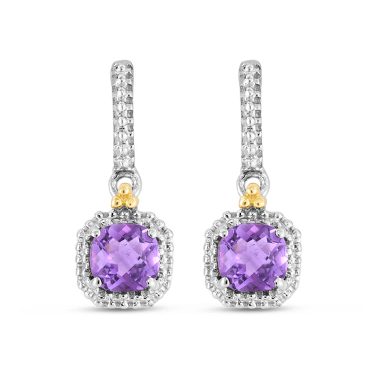 18K Gold & Silver Square Drop Popcorn Earring with 5mm Cushion Amethyst