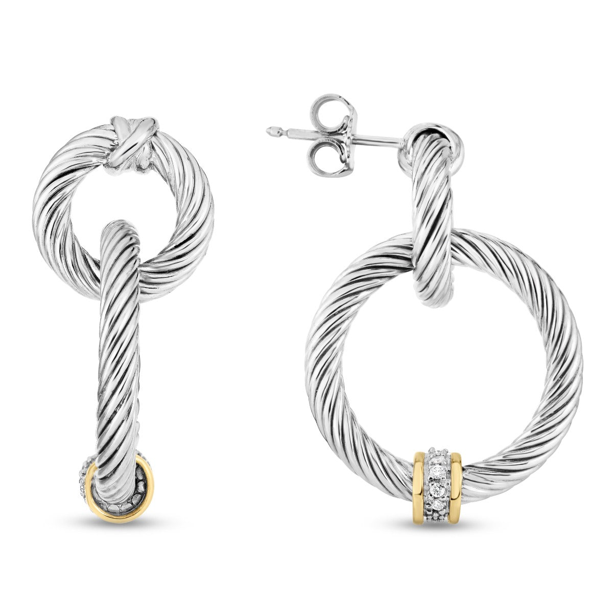 Silver & 18K Gold Italian Cable Interlocking Double Circles Drop Earrings with .06ct Diamonds, and Push Back Closure