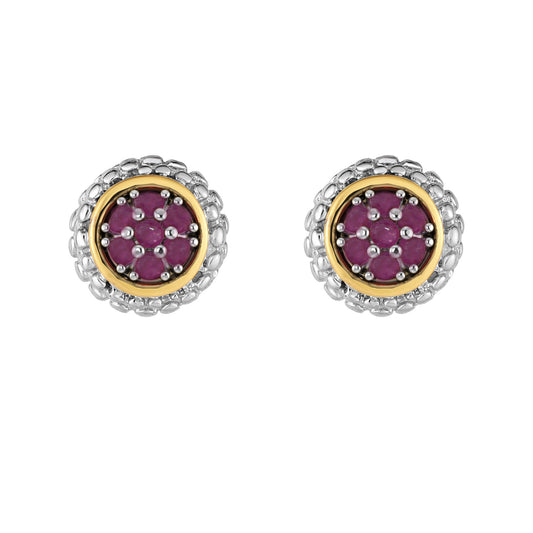 18K Gold & Silver Round Post Fancy Earring with Push Back Clasp with Gemstone Options