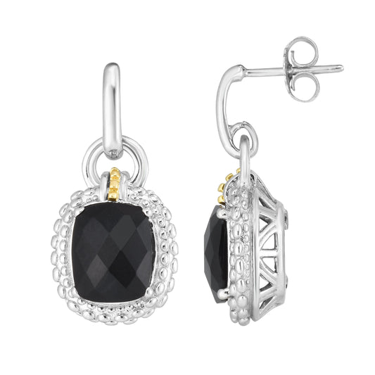 18kt Silver Yellow Rhodium Finish 26x13mm Diamond Cut Post Drop Popcorn Earring with Push Back Clasp with 10x8mm Cushion Black Onyx