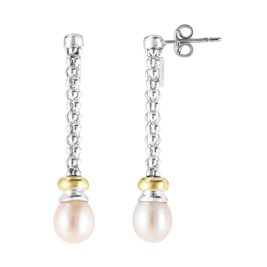 18K Silver Finish Polished Single Strand Popcorn Drop Earring with Push Back Clasp with Oval White Pearl