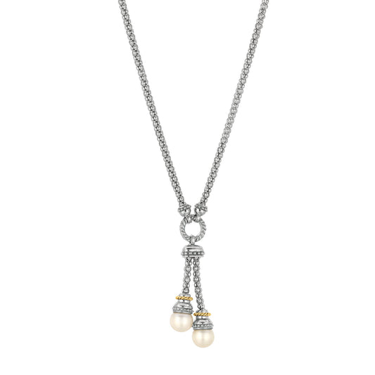 18K Gold & Sterling Silver Pearl Lariat Popcorn Necklace