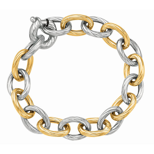 18K Gold & Sterling Silver Ridged Oval Italian Cable Link Bracelet.