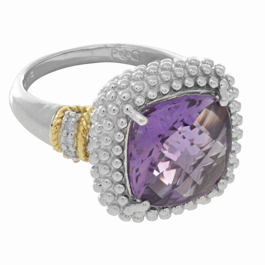 18kt Yellow Gold Sterling Silver with Square Amethyst and White Diamond