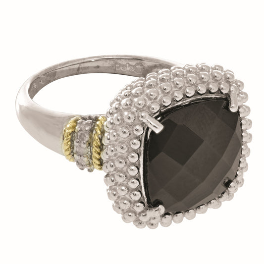 18kt Yellow Gold Silver with Rhodium Finish Shiny Ring with 1-12.0 Square Black Onyx 6-0.01ct Face ted White Diamond