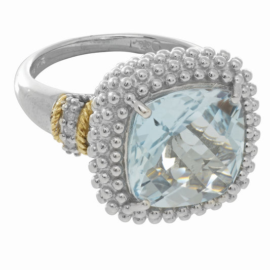 18kt Yellow Gold Silver with Rhodium Finish Shiny Ring with 1-12.0 Square Sky Blue Topaz 6-0.01ct Faceted White Diamond
