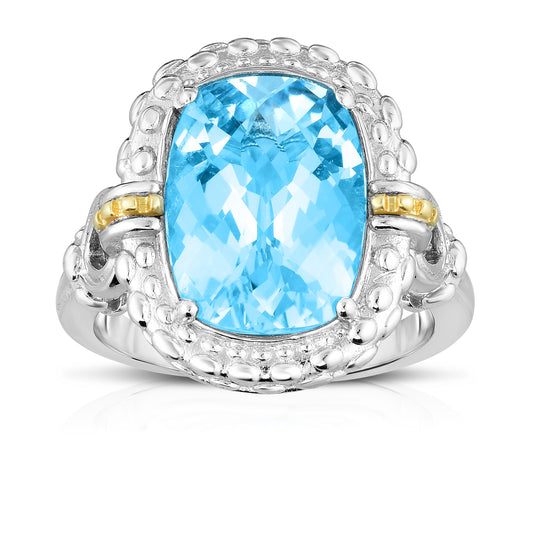 18K Gold and Sterling Silver Diamond Cut Popcorn Ring with Cushion Sky Blue Topaz