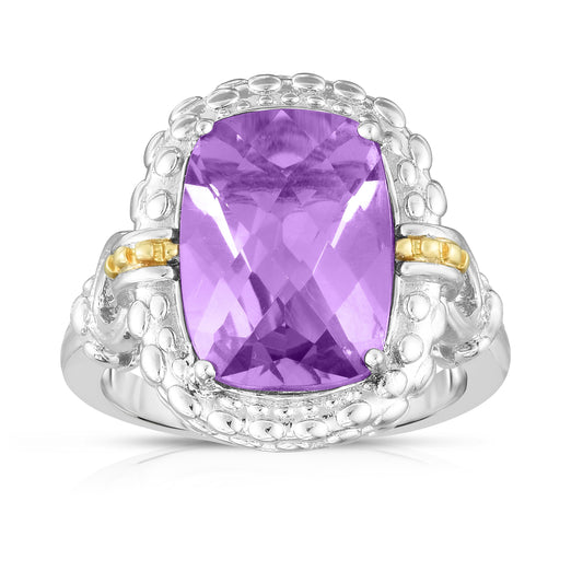 18K Gold and Sterling Silver Diamond Cut Popcorn Ring with Cushion Pink Amethyst