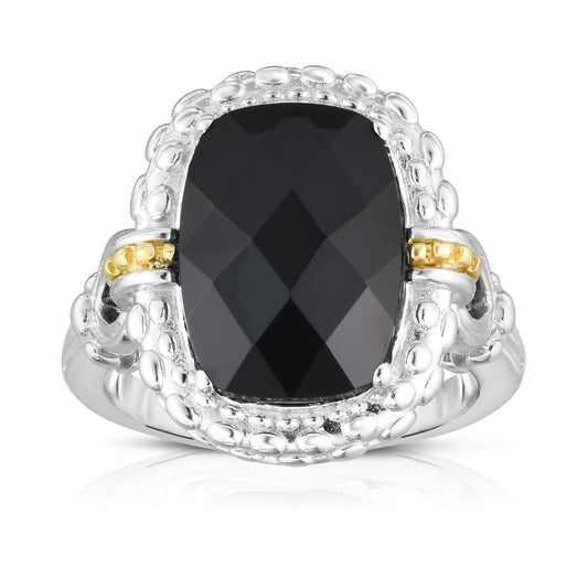 18K Gold and Sterling Silver Diamond Cut Popcorn Ring with Cushion Black Onyx