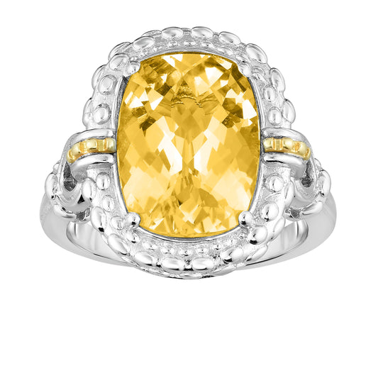 18kt Silver Size-7 Yellow Rhodium Finish 19x21.8mm Diamond Cut Popcorn Ring with Cushion Honey Quartz